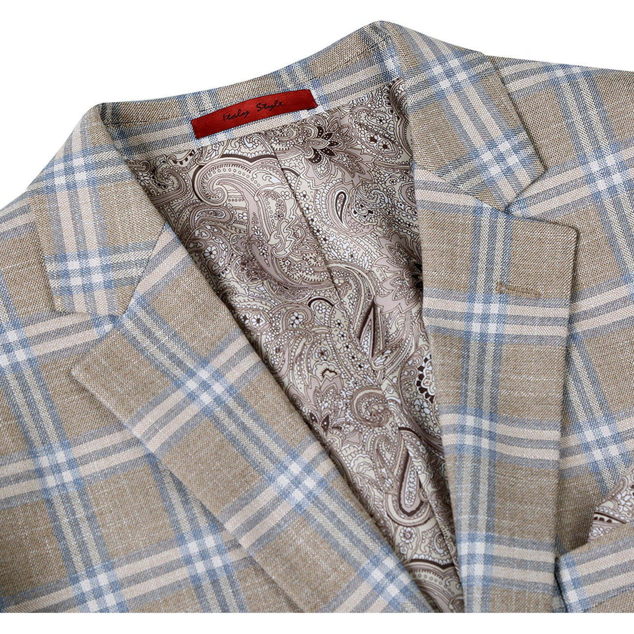 Light gray classic fit jacket by Renoir, featuring blue and white checks, a paisley lining, two buttons, and a stylish notch lapel.