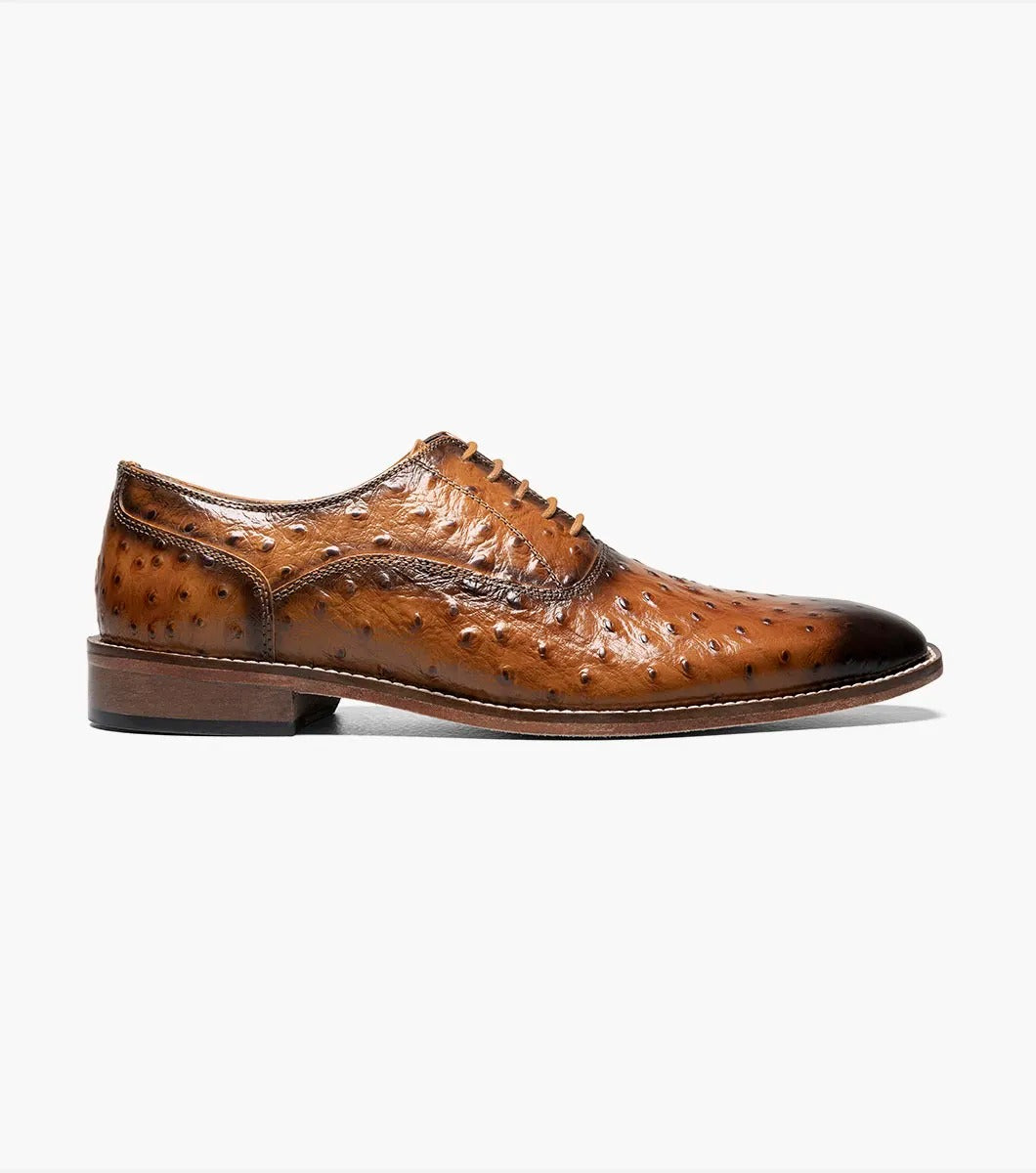 Stacy Adams' ROSELLI Leather Sole Plain Toe Oxford in Tan (25472-240) is crafted with brown leather featuring a glossy finish and ostrich quill texture detail, complete with a low heel, memory foam cushioning, and lace-up closure.