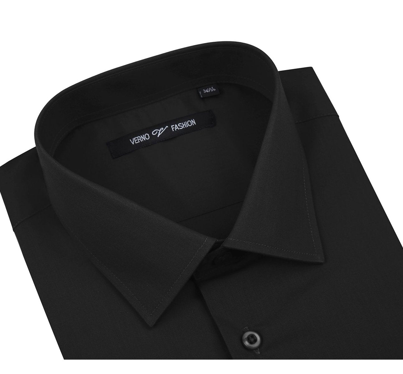 The Renoir VERNO Black Classic/Regular Fit Long Sleeve Spread Collar Dress Shirt TC22 is neatly folded, showcasing its classic fit and spread collar, with a close-up circle highlighting the fabric texture.