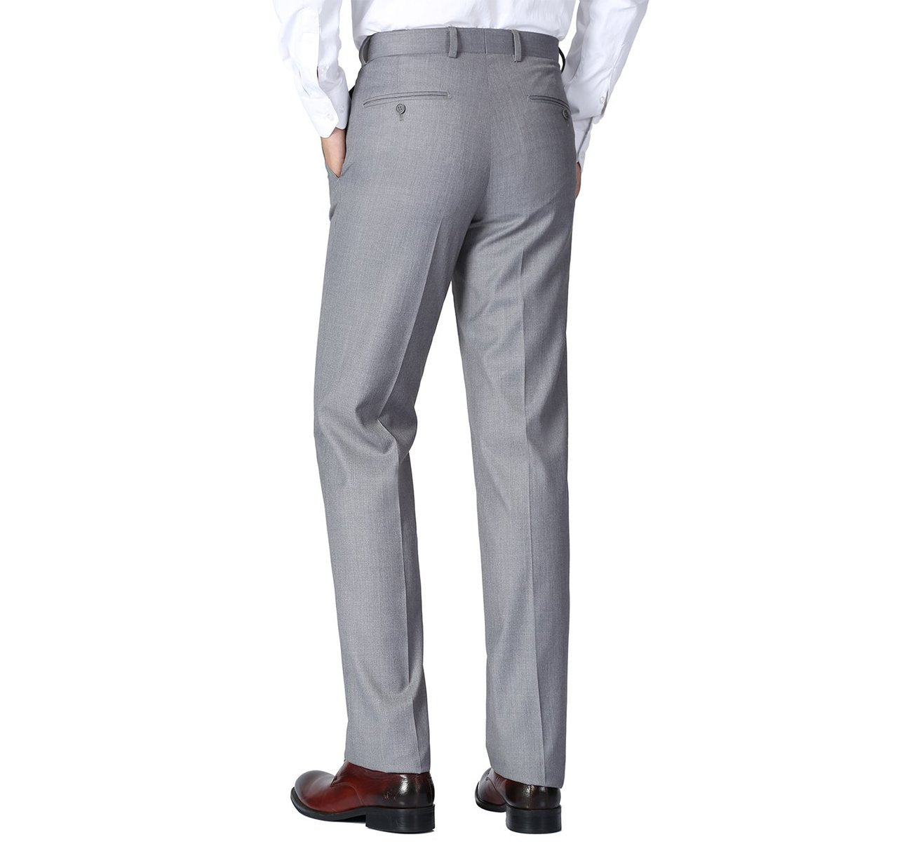 A person wearing a classic fit white shirt and Renoir's Alessandro Vitello Grey Slim Fit Flat Front Suit Separate Pants, paired with black shoes, stands against a plain white background.