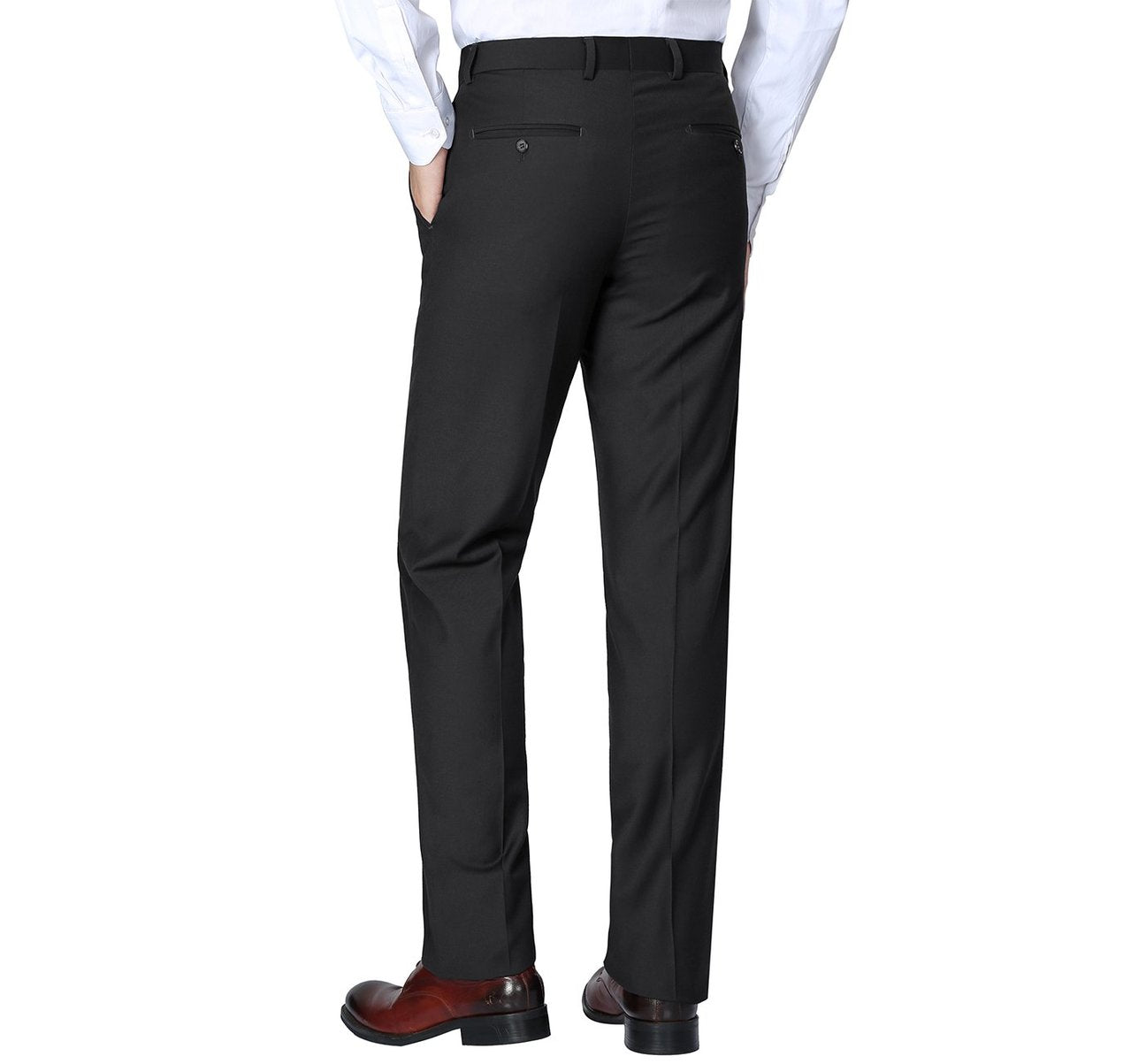 A man stands against a plain white background, dressed in a classic fit ensemble featuring a white shirt, the Renoir Alessandro Vitello by Renoir Black Slim Fit Flat Front Wool Suit Pant 508-1, and brown shoes.