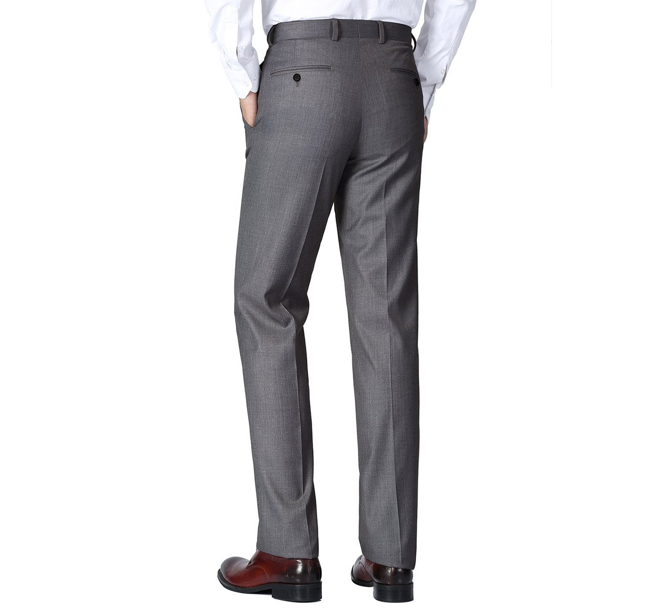 A person wearing a white shirt and the Alessandro Vitello by Renoir Dark Grey Regular Fit Flat Front Wool Suit Pants stands upright.