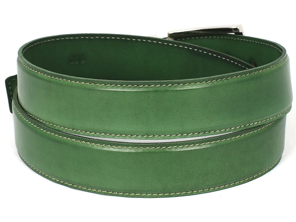 The Paul Parkman Leather Belt Hand-Painted Green (B01-LGRN) showcases genuine calfskin leather and features a silver metal buckle with "Paul Parkman" elegantly engraved on the keeper, exuding sophistication and personalized style.