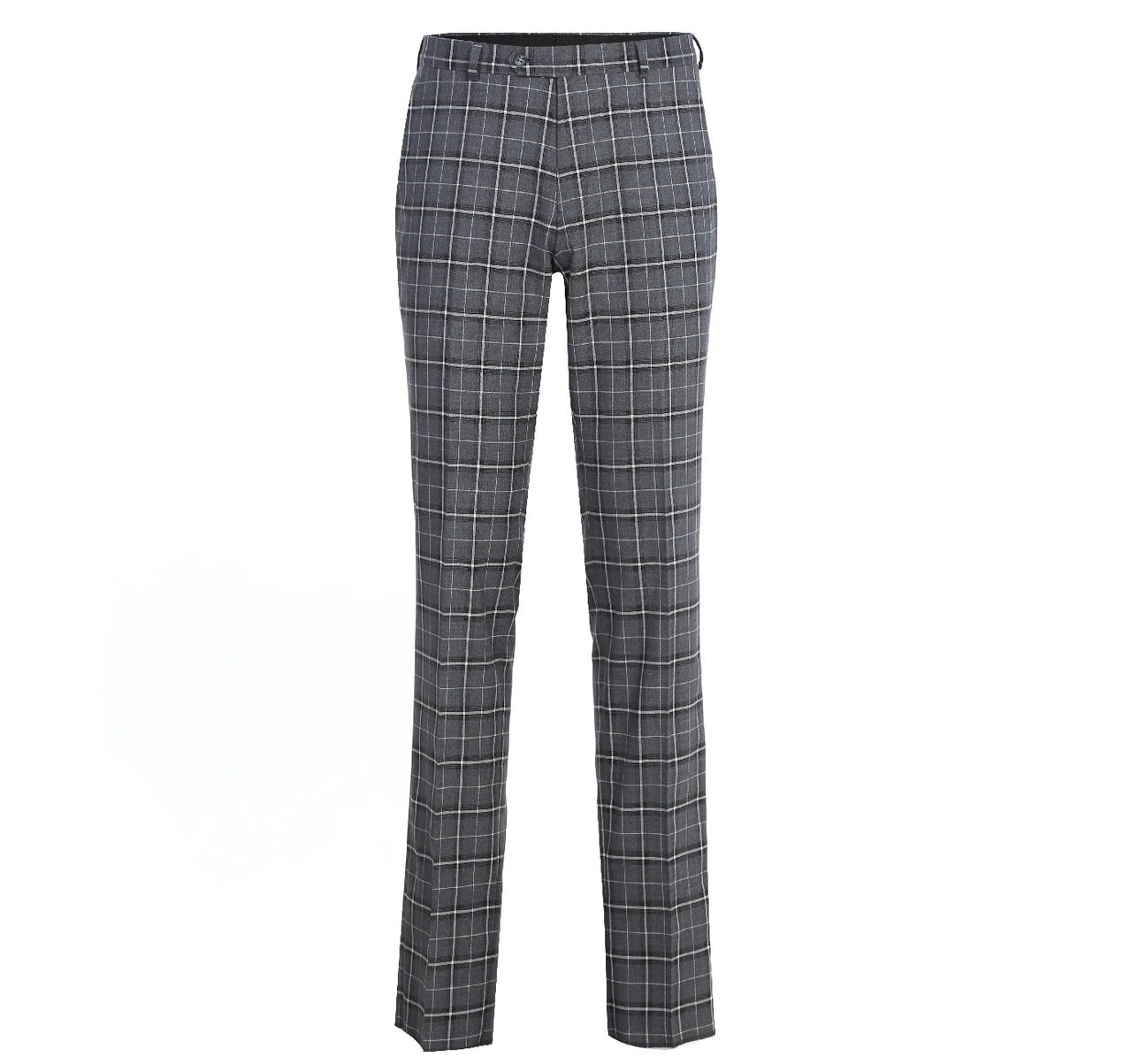 The Alessandro Vitello by Renoir Grey Classic Fit Single Breasted Check Suit 293-14 features a sophisticated gray plaid blazer with a sleek notch lapel, two-button closure, and two front pockets, set against a plain white background.