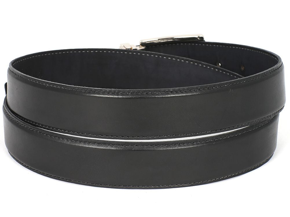 Paul Parkman presents the Leather Belt Hand-Painted Black - B01-BLK, crafted from black Italian calfskin leather with a silver buckle and visible holes, elegantly displayed on a white background. This made-to-order accessory exemplifies exquisite craftsmanship and premium quality in every aspect.