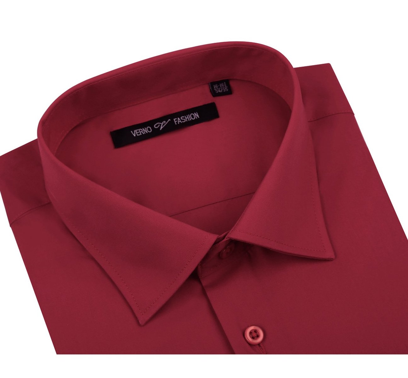 The Renoir VERNO Brick Red Classic/Regular Fit Long Sleeve Spread Collar Dress Shirt TC626 showcases a spread collar and long sleeves, with a close-up view emphasizing its classic fit and detailed fabric texture.