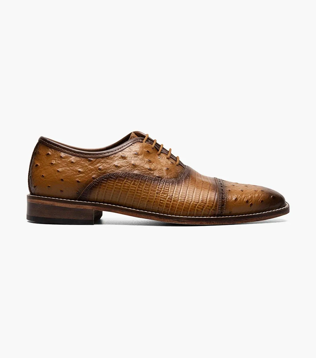 Stacy Adams' RODANO Leather Sole Cap Toe Oxford in Tan, style number 25527-240, is a textured brown leather dress shoe featuring laces and a low heel.