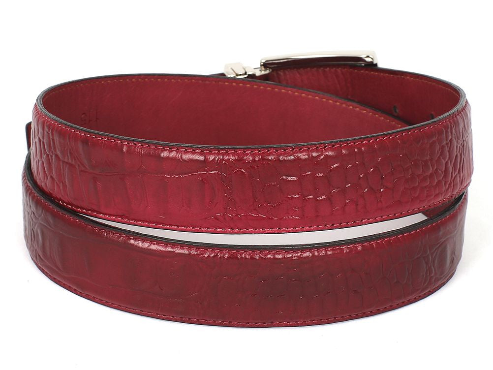 Introducing the Paul Parkman Croc Embossed Calfskin Belt in Burgundy, featuring a crocodile-texture finish and a silver buckle, expertly crafted to perfection.