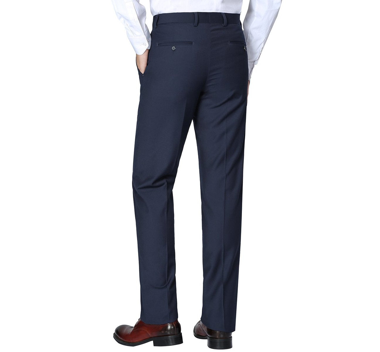 A person wearing a white shirt, Alessandro Vitello by Renoir Blue Regular Fit Flat Front Wool Suit Pants 508-19 tailored to the perfect length, and brown shoes stands against a white background.