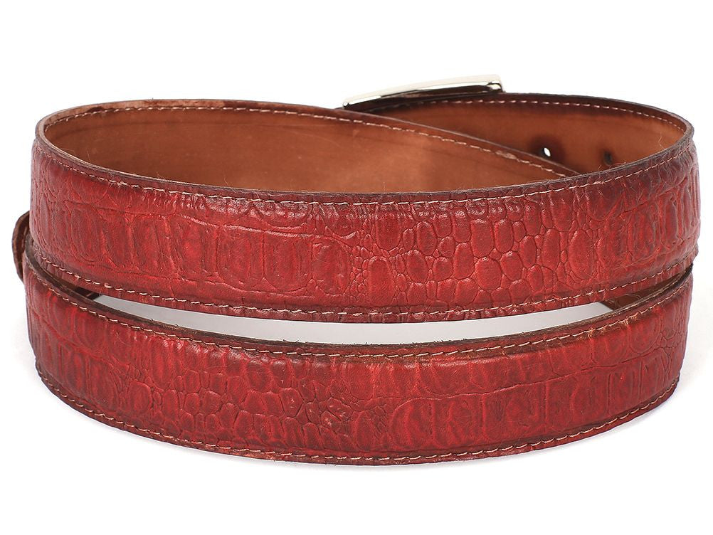 Introducing the Paul Parkman Croc Embossed Calfskin Belt in Reddish - B02-RDH, a handcrafted piece with a silver buckle and textured brown leather.