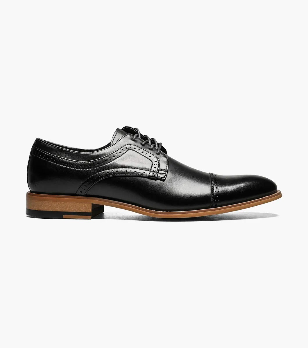 The Stacy Adams DICKINSON Cap Toe Oxford in black features decorative stitching, a brown sole, and a comfortable memory foam insole.