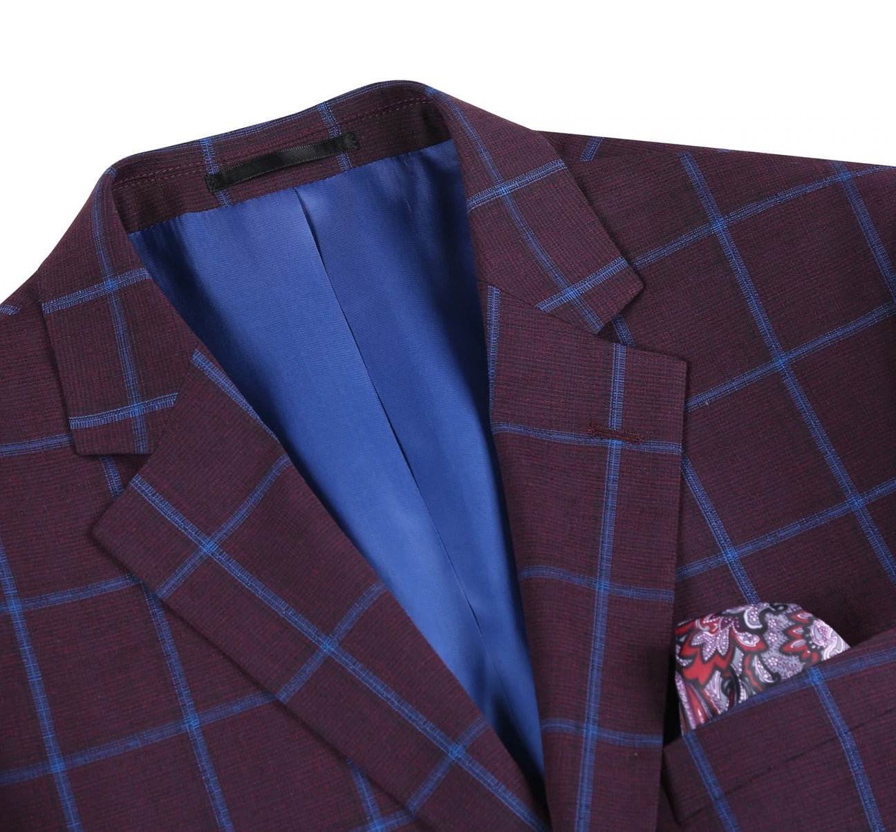 Introducing the Alessandro Vitello by Renoir Sport Coat, a men's slim fit piece in burgundy with an elegant blue lurex checked design and light blue lining. This sophisticated sport coat is equipped with classic notch lapels, a stylish pocket square, and two front buttons.