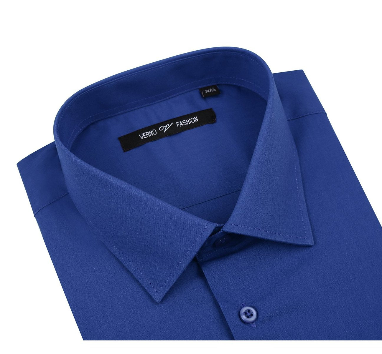 The VERNO Royal Blue Classic/Regular Fit Long Sleeve Spread Collar Dress Shirt TC635 by Renoir exudes timeless elegance with its folded design featuring a spread collar and single-button cuffs. A circular close-up captures the fabric texture, underscoring the craftsmanship of this formal clothing essential.