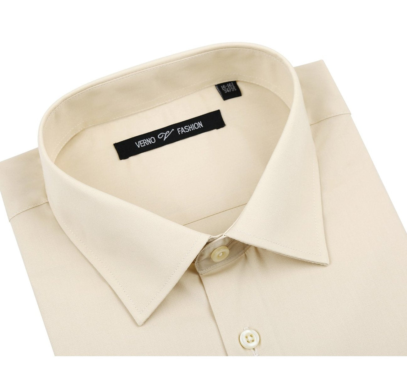 The Renoir VERNO Taupe Classic/Regular Fit Long Sleeve Dress Shirt TC23 features a spread collar and buttoned cuffs, with a close-up circle showcasing the fabric texture.