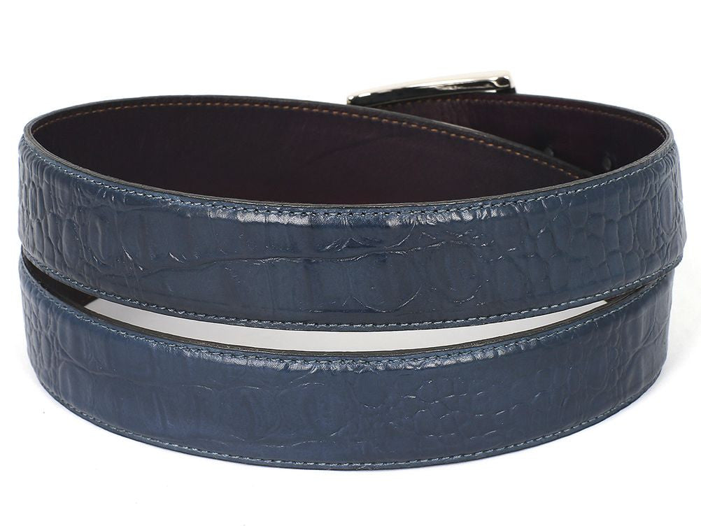 The Paul Parkman Crocodile Embossed Calfskin Leather Belt in Hand-Painted Navy features a sophisticated crocodile texture, complemented by a silver buckle and the Paul Parkman brand engraving on the side. This elegant accessory is made-to-order, ensuring each piece is uniquely tailored to your style.