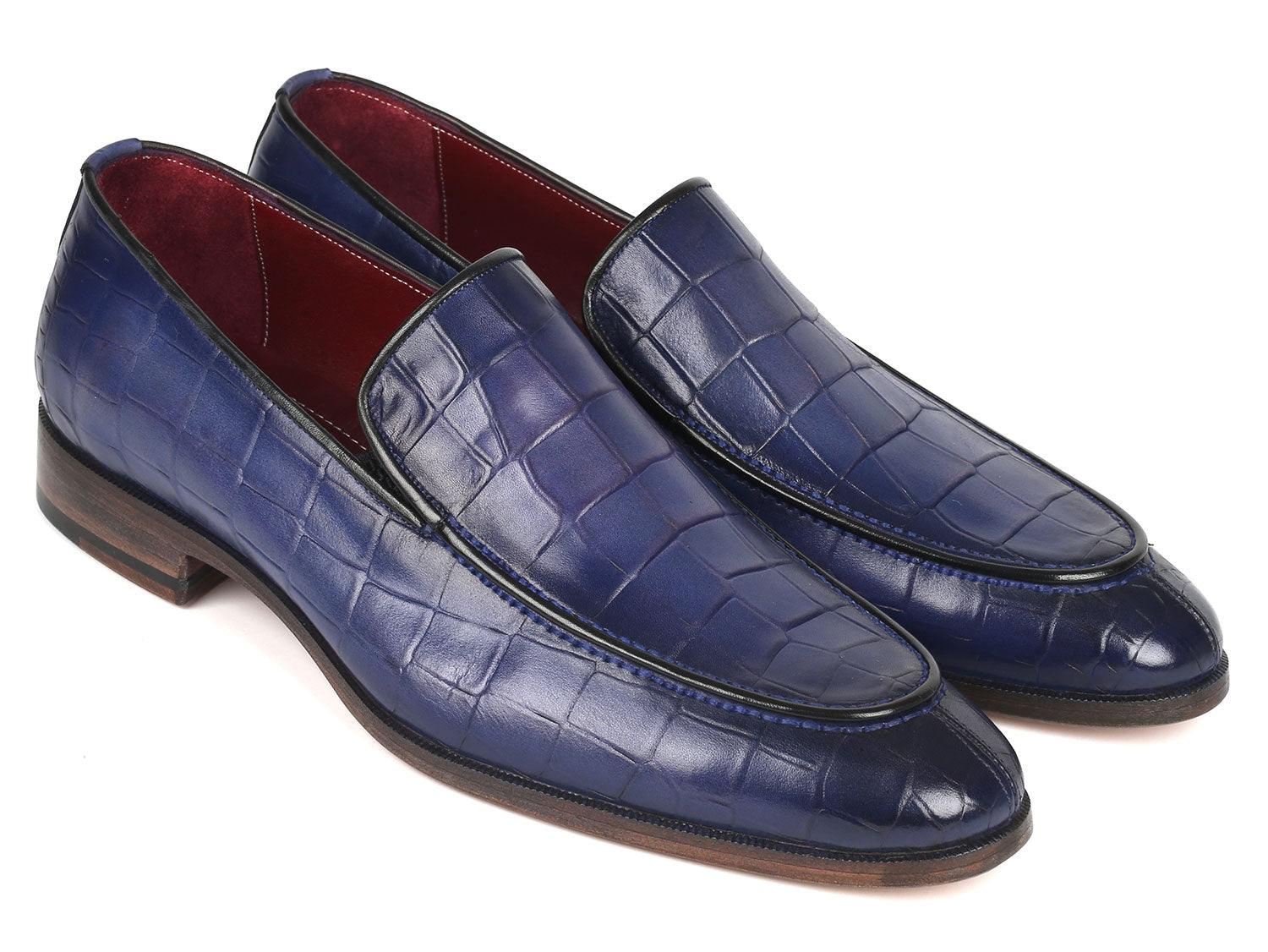 Introducing the Paul Parkman Croco Textured Leather Loafer in Blue (Model 7339-BLU), a luxurious pair of men's loafers made from hand-painted blue croco leather, complete with a low heel and eye-catching red interior lining.