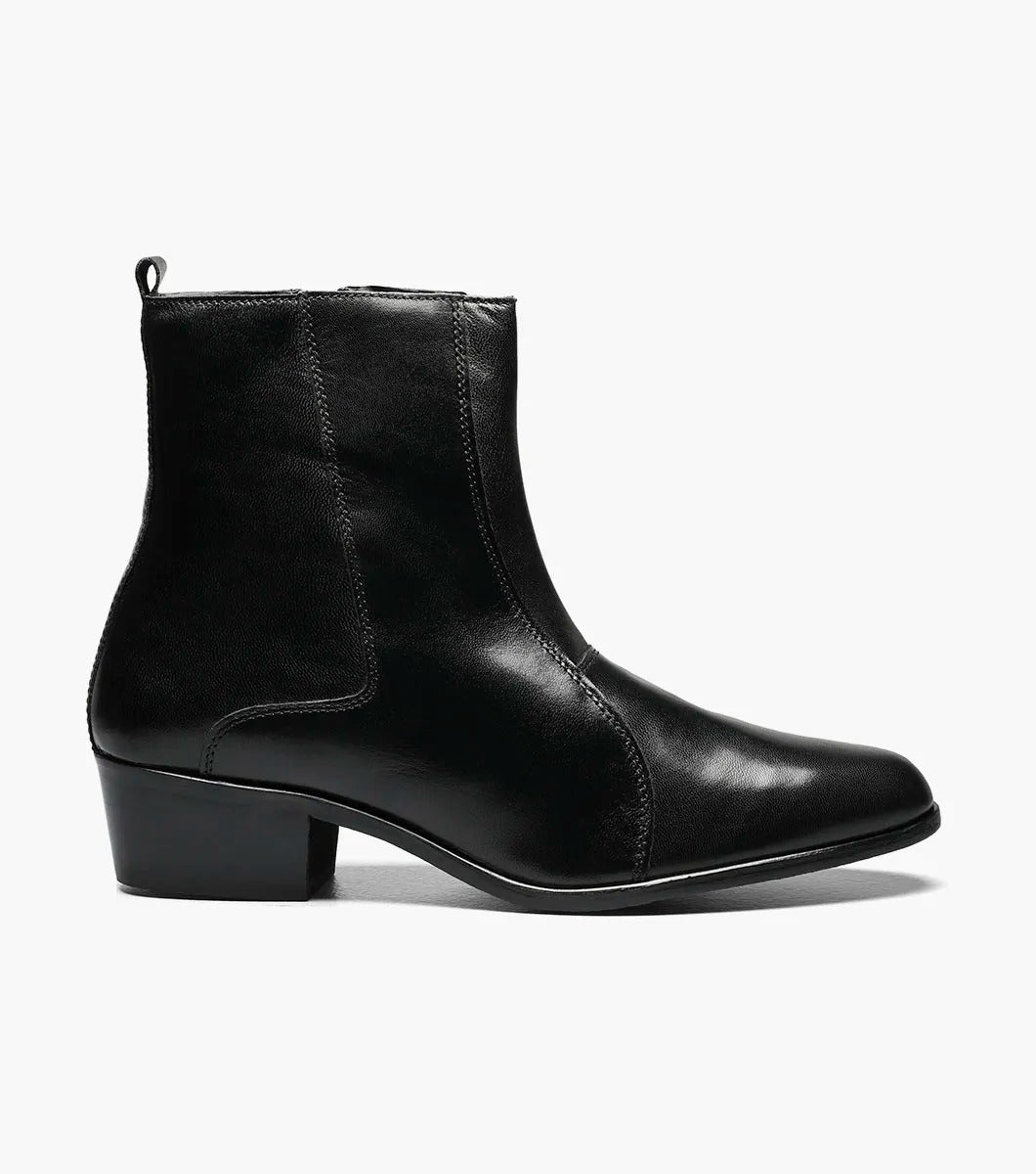 The Stacy Adams - SANTOS Slip On Boot in black showcases a sleek kidskin leather design with a side zipper and a low, angled heel, beautifully set against a white background.