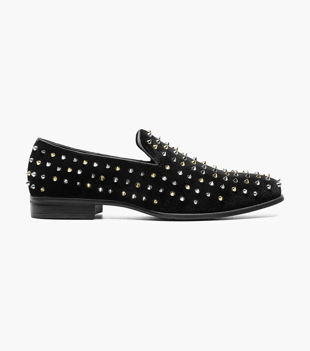 A Stacy Adams SPIRE spiked slip-on loafer in black leather, adorned with silver metal studs.