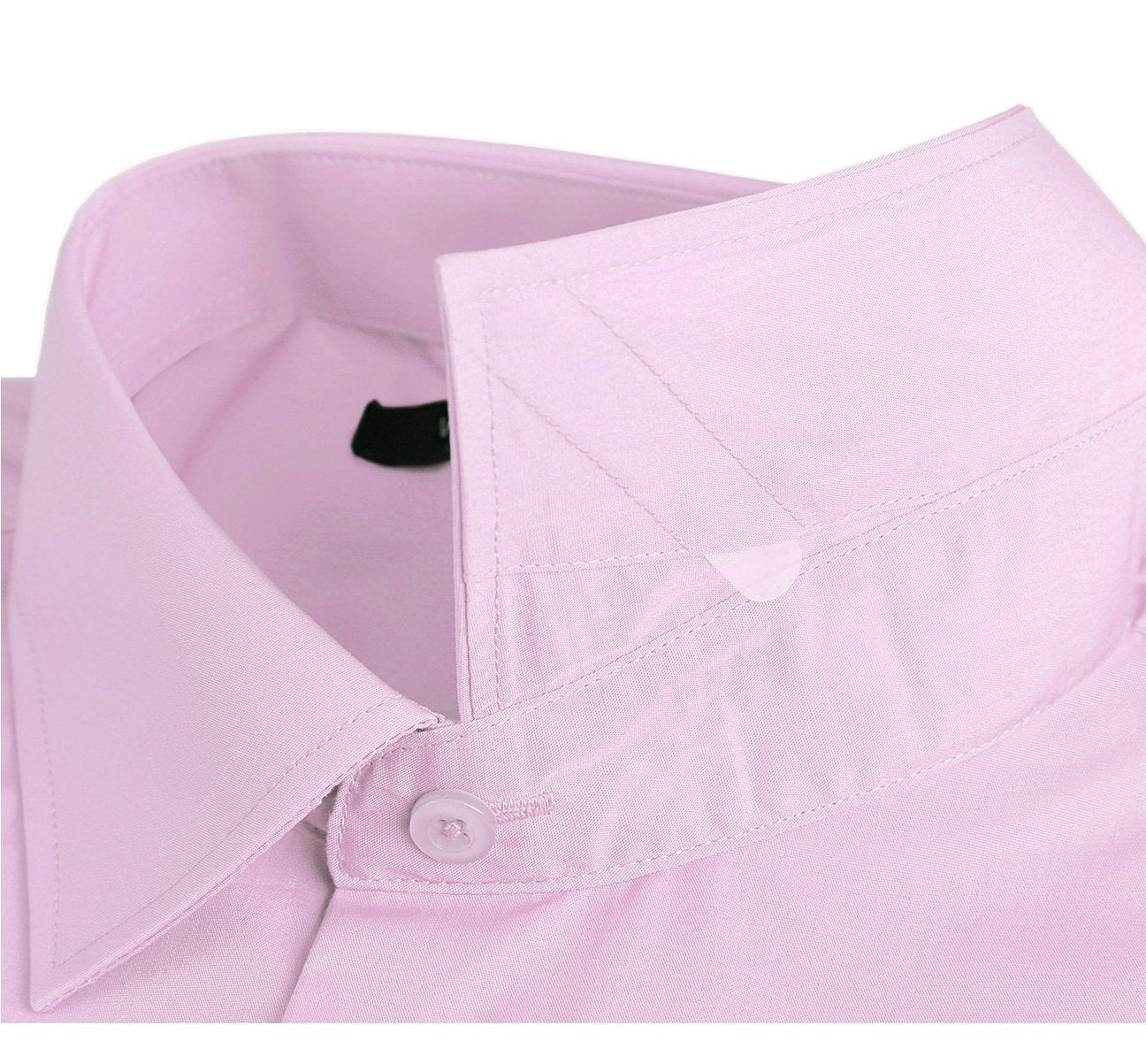 The Renoir VERNO Pink Classic/Regular Fit Long Sleeve Spread Collar Dress Shirt TC647 is neatly folded, exemplifying formal clothing elegance. A close-up circle highlights the fine texture of the fabric.