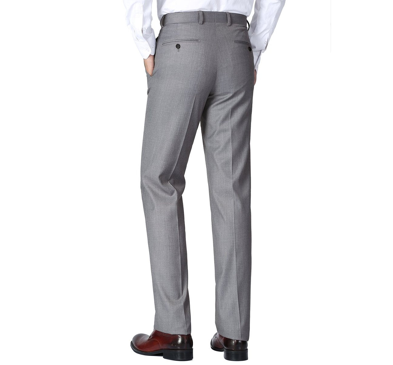 A person wearing Renoir's Alessandro Vitello Grey Slim Fit Flat Front Wool Suit Pants and a white shirt stands against a plain background.