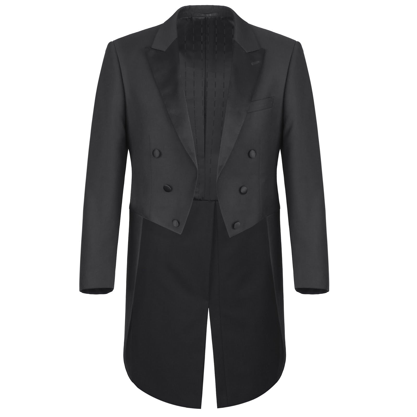 Set against a white background, this Alessandro Vitello by Renoir black full dress suit is perfect for formal events. The elegant design features luxurious satin peak lapels, lending a sophisticated touch to the timeless attire.