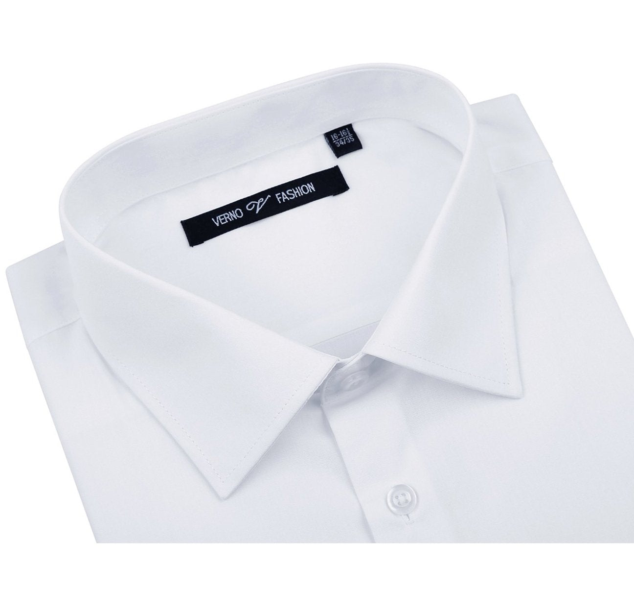 Folded dress shirt in white showcasing a regular classic fit complemented by long sleeves and a refined spread collar. A circular inset fabric detail enhances its elegance. The label states "Renoir.