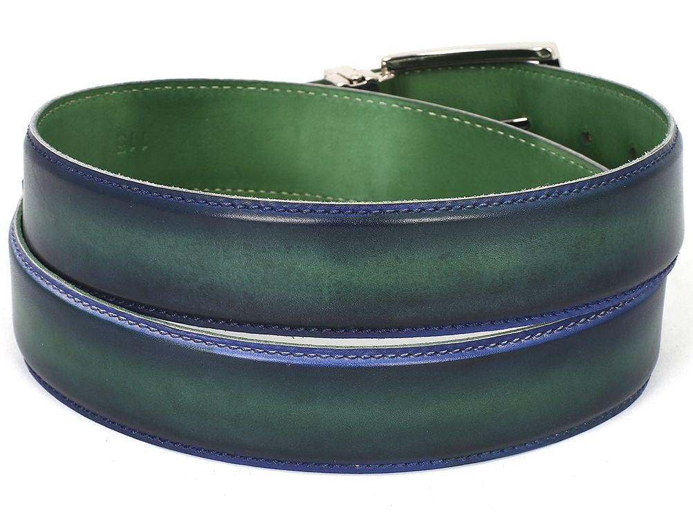 A hand-painted belt in blue and green, made from Italian calfskin leather, showcasing a silver buckle engraved with "Paul Parkman." This is the Paul Parkman Leather Belt Dual Tone Blue & Green - B01-BLU-GRN.