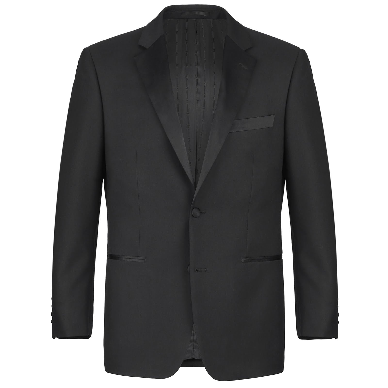 The Alessandro Vitello by Renoir Satin Slim Fit Notched Lapel 2-Piece Tuxedo Suit RI201-1, made from a polyester and viscose-blend for a tailored fit, is shown against a white background.