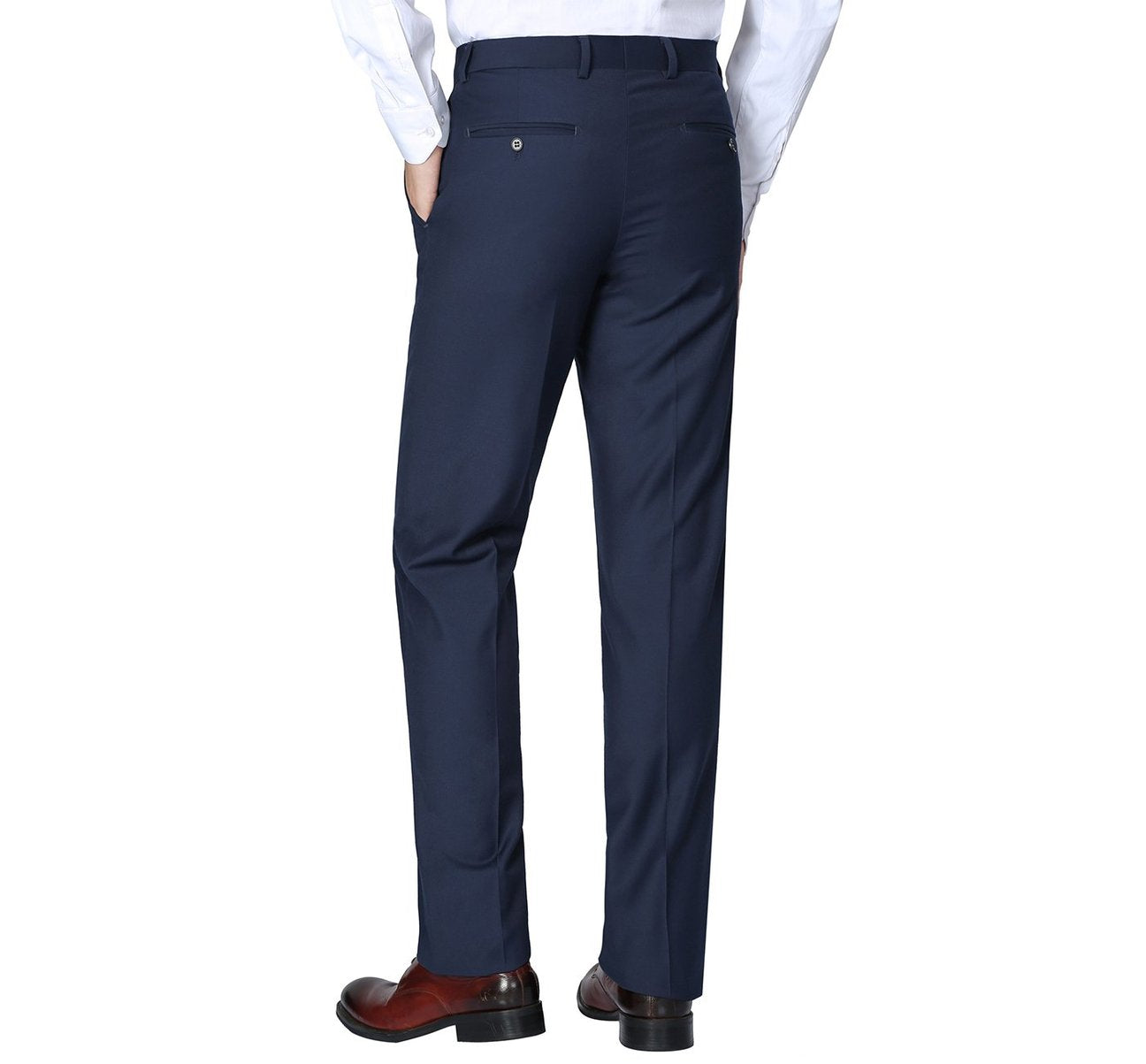 A person wearing Renoir's Alessandro Vitello Navy Slim Fit Flat Front Suit Separate Pants, a white shirt, and brown dress shoes.