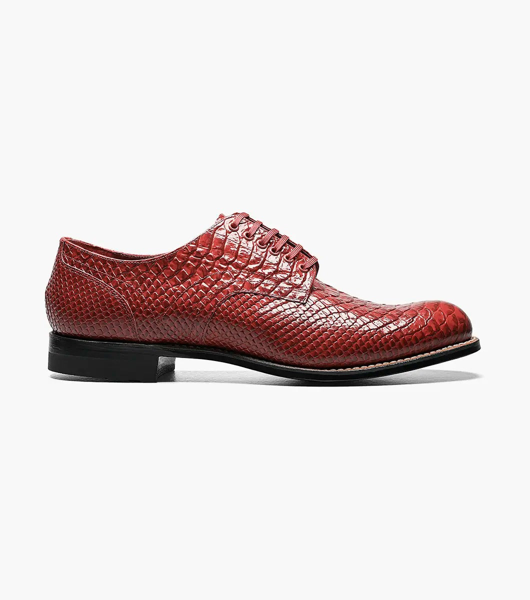 Stacy Adams MADISON Anaconda Plain Toe Oxford in red leather with a black sole, featuring kidskin leather linings, angled view.