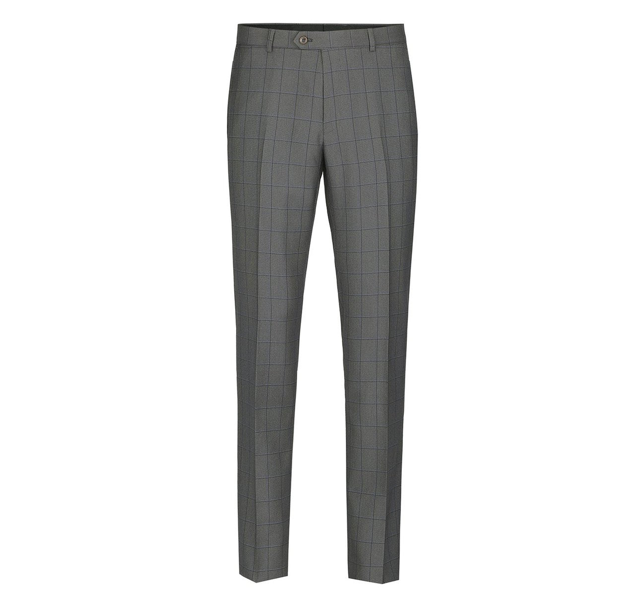 The "Alessandro Vitello by Renoir Two Piece Classic Fit Windowpane Check Dress Suit 292-2" is showcased flat on a white backdrop, highlighting its modern check pattern. This gray suit from Renoir includes a buttoned blazer with a notched lapel and brown inner lining, complemented by matching trousers.