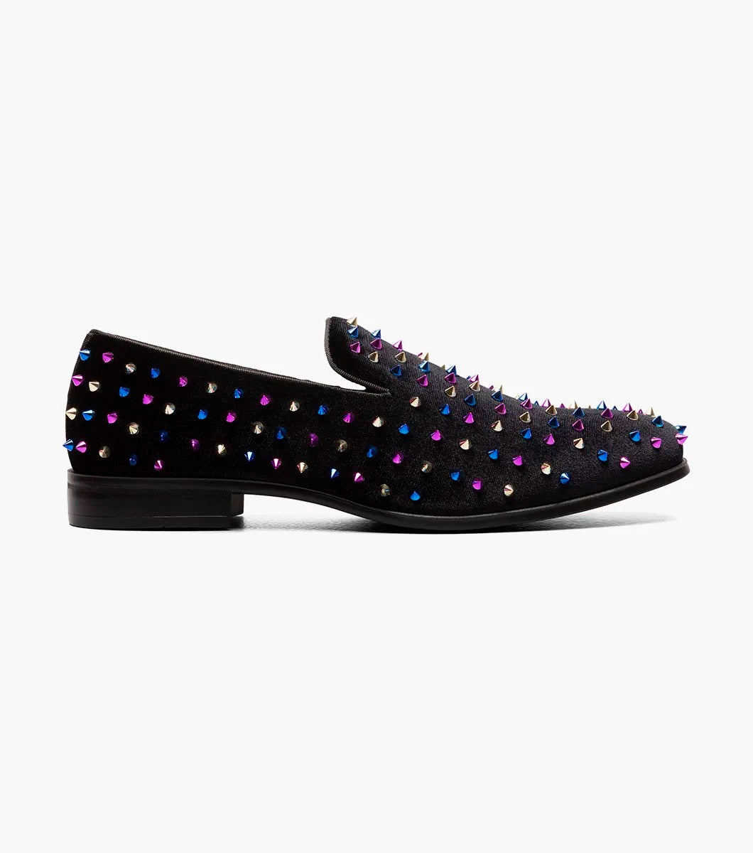 Discover the bold design of the Stacy Adams SPIRE Spiked Slip On in Black/Blue (25532-966). This shoe from STACY ADAMS features vibrant multicolored spikes, a comfortable memory foam insole, and a durable textile upper, seamlessly blending style with practicality.