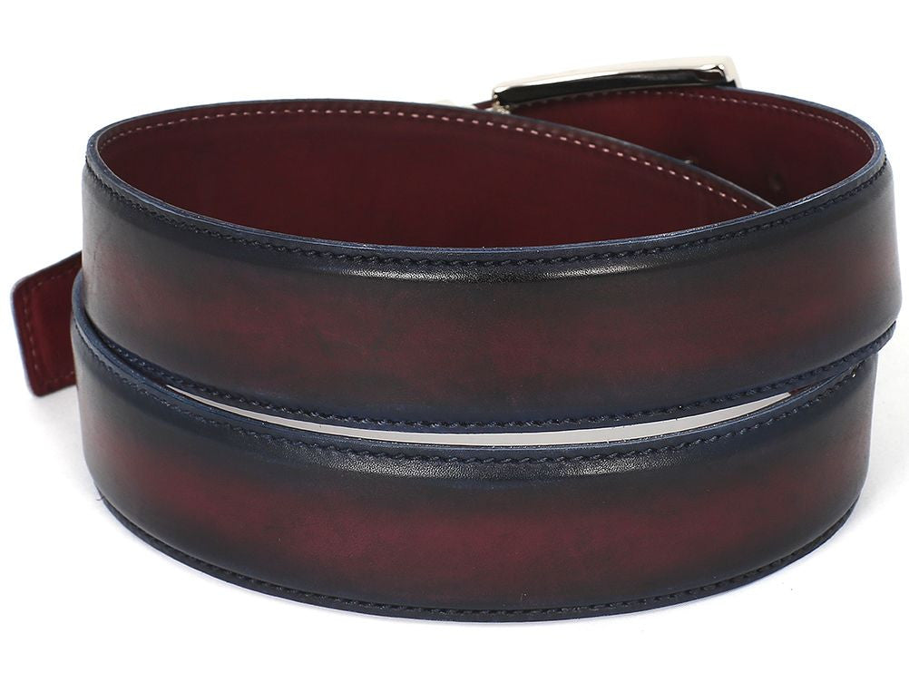 A dual-tone navy and bordeaux hand-painted belt crafted from Italian calfskin leather, featuring a shiny silver buckle and engraved text. This product is from the Paul Parkman brand, named the Paul Parkman Leather Belt Dual Tone Navy & Bordeaux - B01-NVY-BRD.