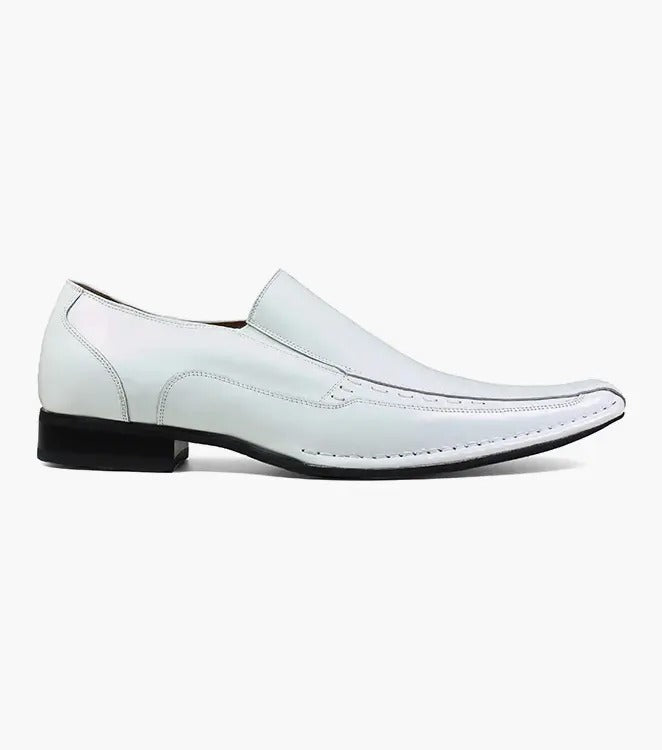 Stacy Adams presents the TEMPLIN Bike Toe Loafer, a white genuine leather slip-on dress shoe featuring a pointed toe, cushioned insole, and a sleek black sole. Model: 24507-100.