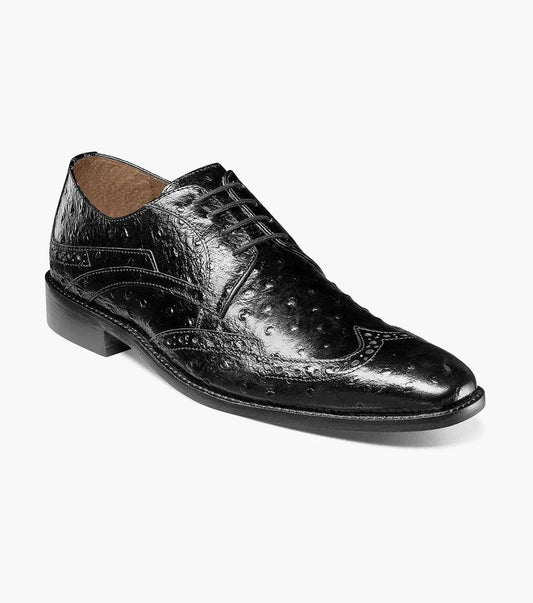 Product Description: The Stacy Adams GENNARO Wingtip Oxford in black (model 25537-001) is a brogue-style shoe made from intricately stitched ostrich quill leather. It features a perforated design, low heel, lace-up closure, and anatomical arch support for enhanced comfort.