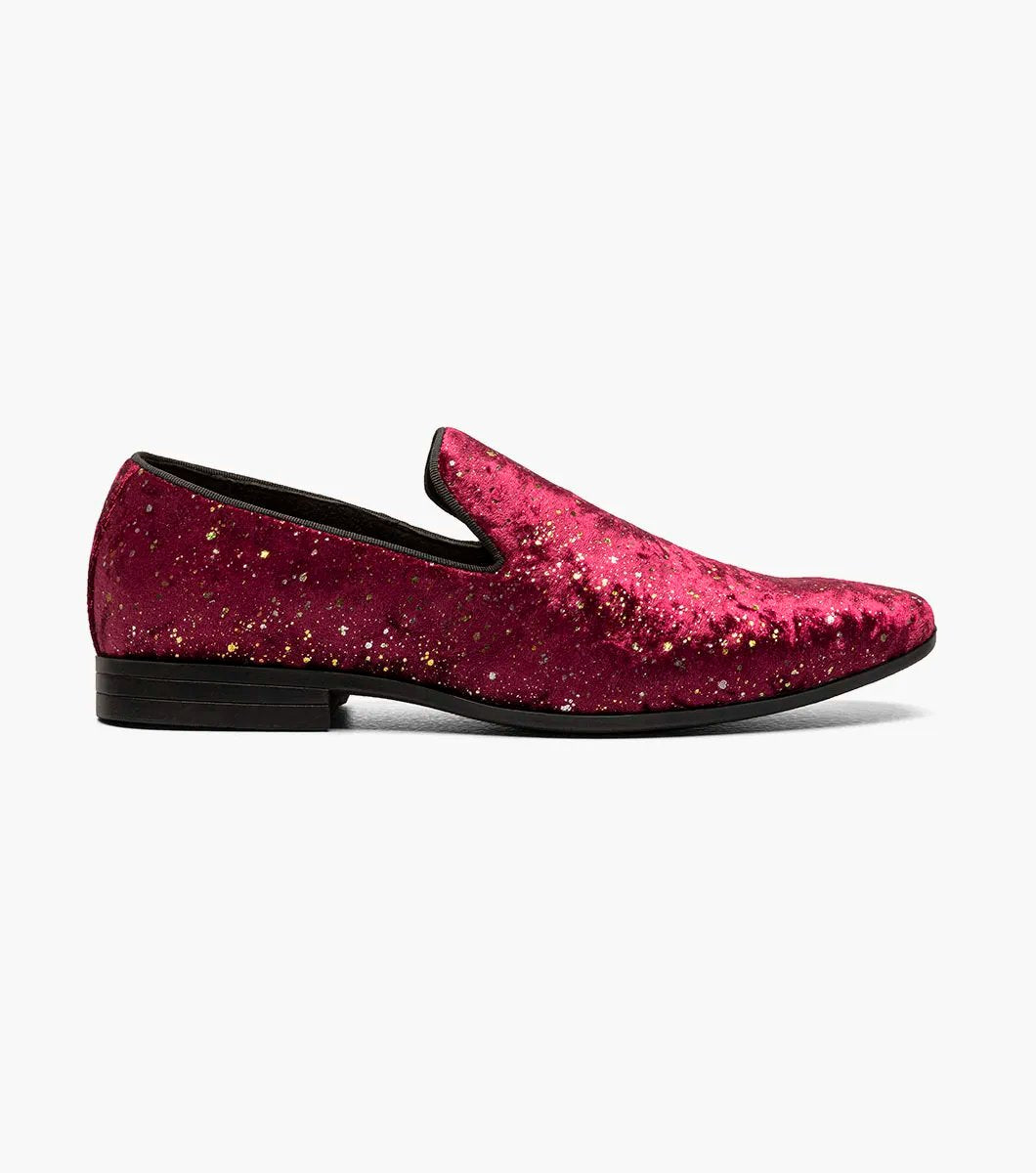 The Stacy Adams STELLAR Plain Toe Glitter Slip On in burgundy features glitter velour specks, a black sole, and memory foam cushioning for enhanced comfort.