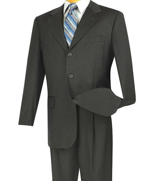 Charcoal men's suit set from Vinci Suits, showcasing a three-button blazer and regular fit double pleated pants, paired with a blue-striped tie over a crisp white shirt.