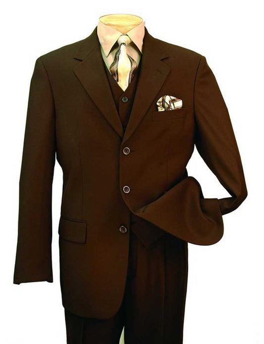 Vinci Suits' Vinci Regular Fit 3 Piece Single Breasted Suit (Brown) 3TR-3 includes a white shirt, striped tie, pleated pants, and features a pocket square. The set comes with a blazer and vest, with one sleeve neatly tucked into the pocket for added style.