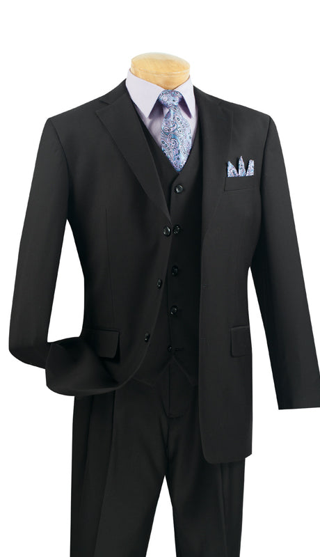 The Vinci Suits mannequin showcases the Vinci Regular Fit 3 Piece Single Breasted Suit (Black) 3TR-3, elegantly paired with a light blue patterned tie and matching pocket square.