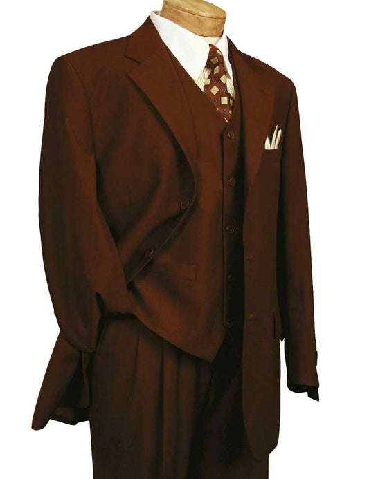 The Vinci Regular Fit 3 Piece Single Breasted Suit in Cognac from Vinci Suits, featuring a matching vest and tie, is elegantly displayed on a mannequin, complete with a sleek blazer.