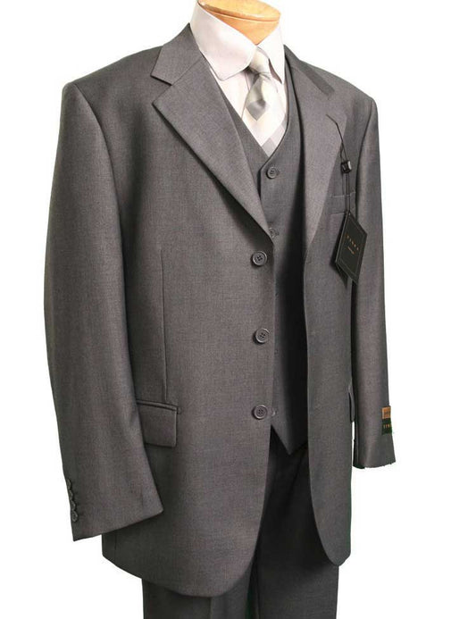 The Vinci Regular Fit 3 Piece Single Breasted Suit in heather gray, featuring a jacket, waistcoat, and trousers, is showcased on a mannequin. It comes with a white shirt and a silver tie. Tags can be seen on the regular fit suit jacket from Vinci Suits.