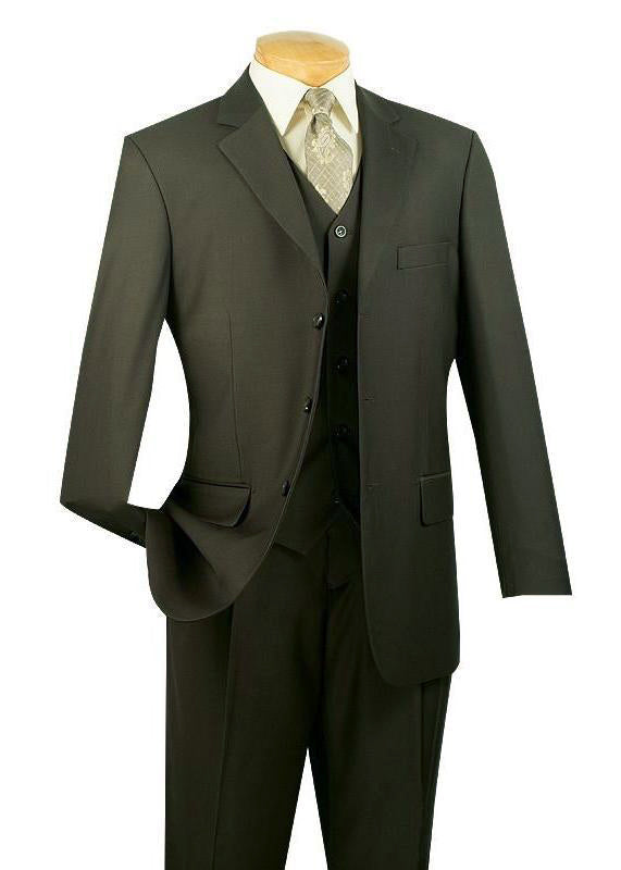 A mannequin displays a fashionable olive 3 piece suit from Vinci Suits, featuring pleated pants, a coordinated waistcoat, a light beige shirt, and a beige patterned tie set against a white backdrop.