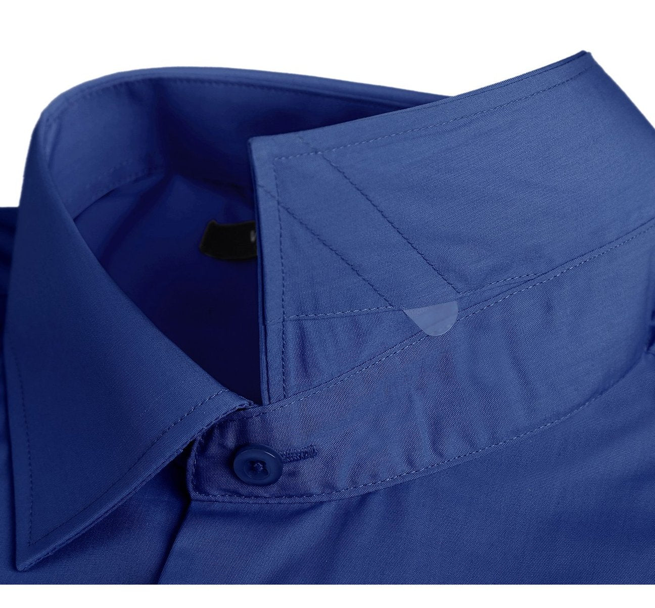 The VERNO Royal Blue Classic/Regular Fit Long Sleeve Spread Collar Dress Shirt TC635 by Renoir exudes timeless elegance with its folded design featuring a spread collar and single-button cuffs. A circular close-up captures the fabric texture, underscoring the craftsmanship of this formal clothing essential.