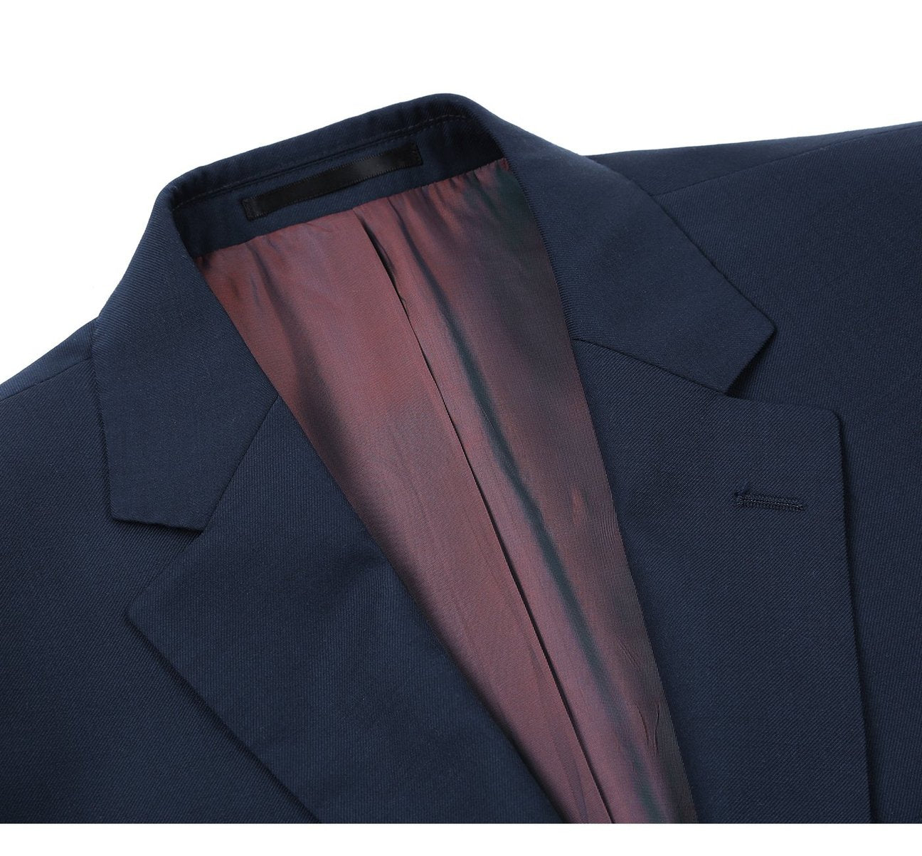 Introducing the Alessandro Vitello by Renoir, a navy 2-piece slim fit suit crafted from 100% wool. This sophisticated ensemble features a notch lapel with a two-button blazer and matching pants. Its twill weave offers an elegant texture, complemented by a stylish pink interior lining for added contrast.