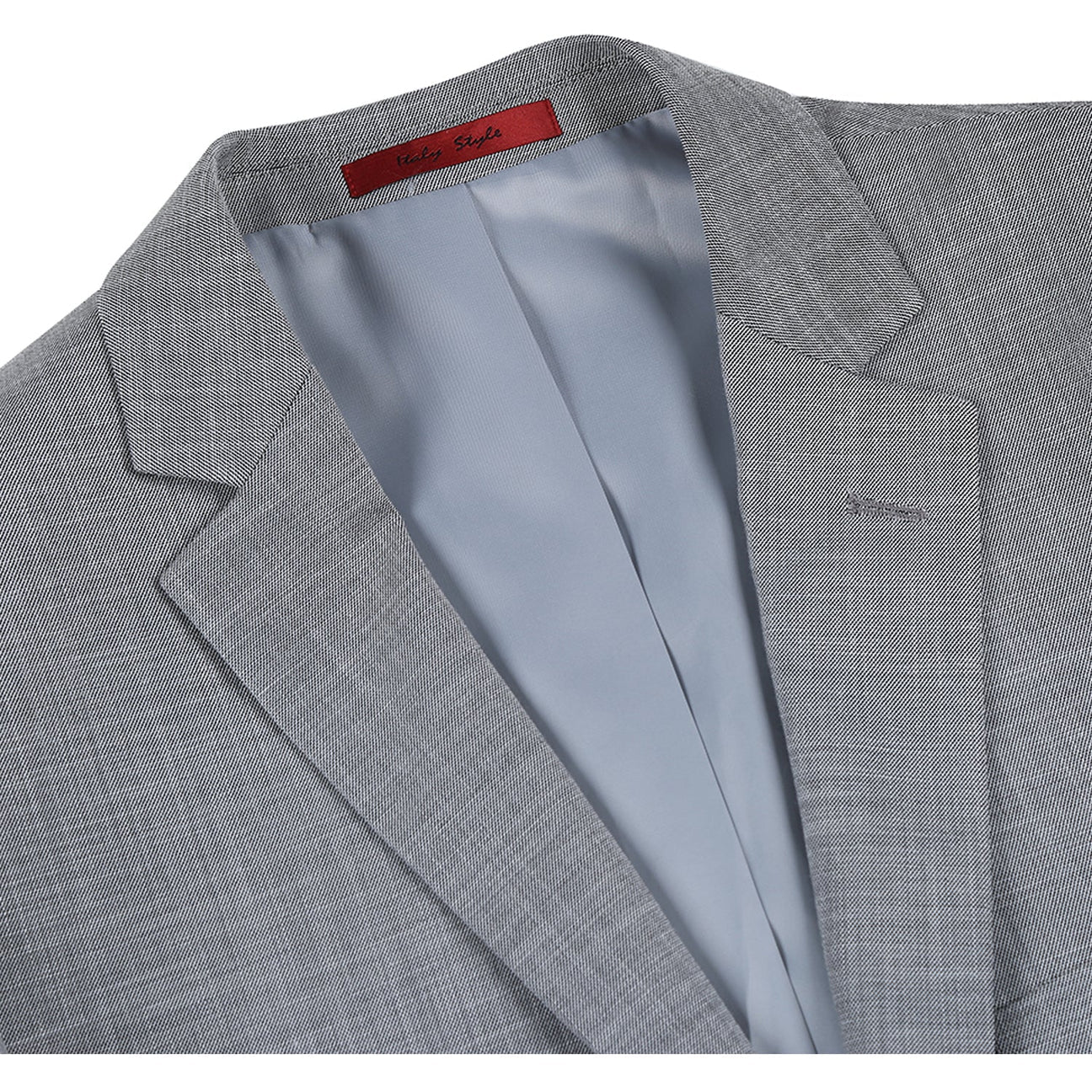 The Alessandro Vitello by Renoir Gray Slim Fit Suit, model number 293-17, is crafted from polyester and showcases a light texture. This suit jacket includes two buttons, stylish notched lapels, and two front pockets for a classic look.