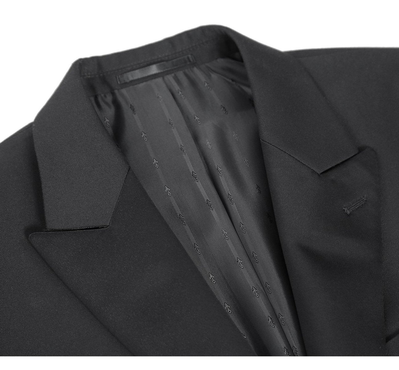 Set against a white background, this Alessandro Vitello by Renoir black full dress suit is perfect for formal events. The elegant design features luxurious satin peak lapels, lending a sophisticated touch to the timeless attire.