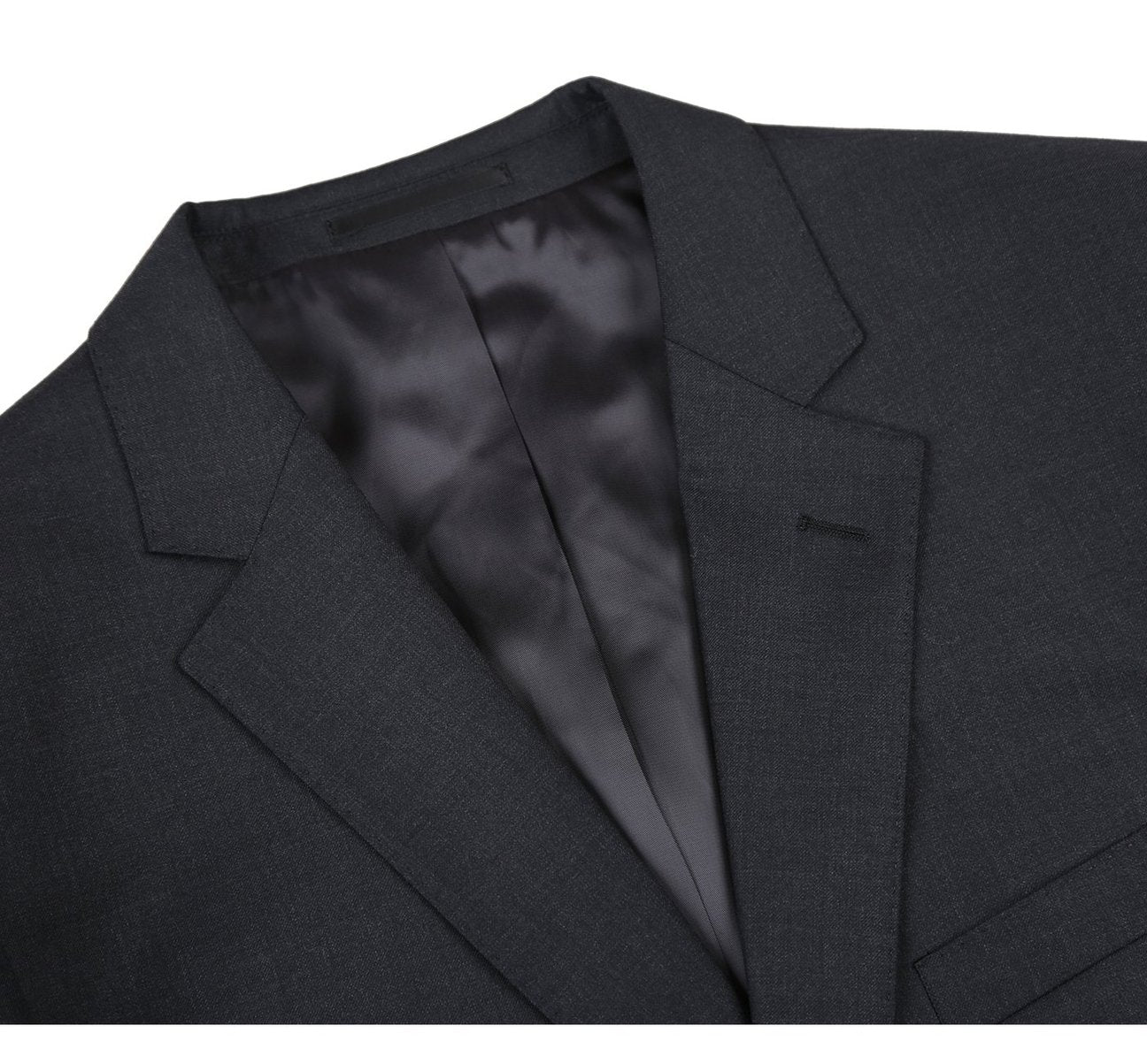 The Alessandro Vitello by Renoir 2-Button Classic Fit Notch Lapel Wool Suit, model 555-3, featuring a dark gray jacket and matching trousers, is displayed separately against a white background.