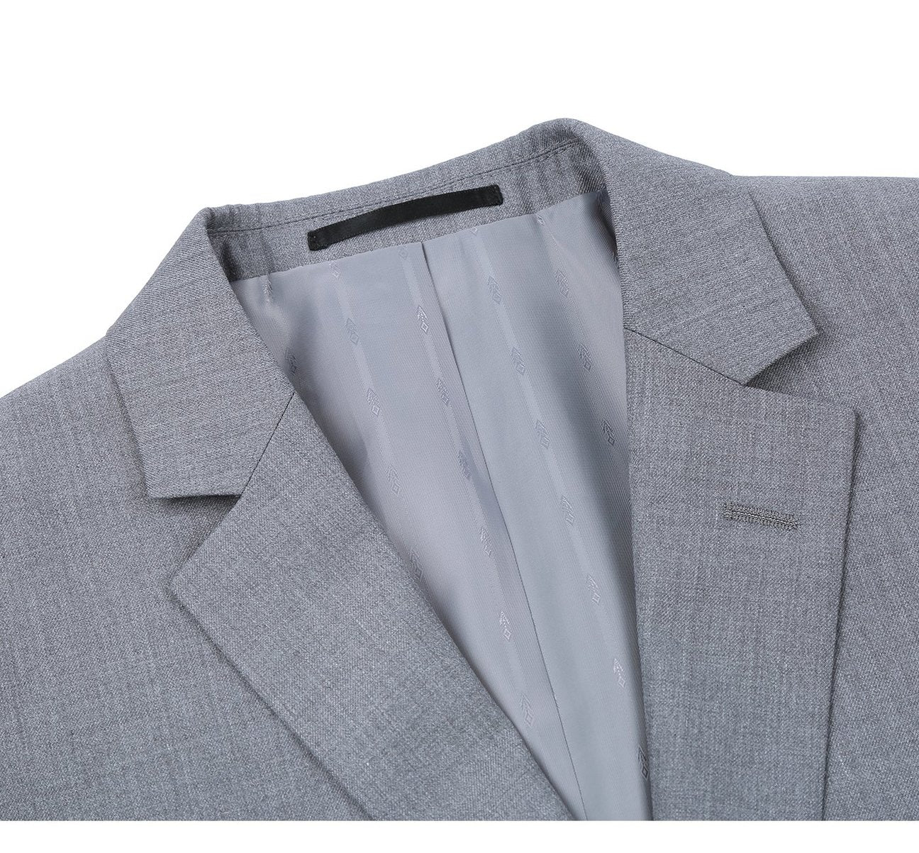 A slim fit men's gray two-piece suit from the Renoir brand, featuring a single-breasted blazer with two buttons and matching trousers, known as the Alessandro Vitello by Renoir 2-Piece Suit 202-2.