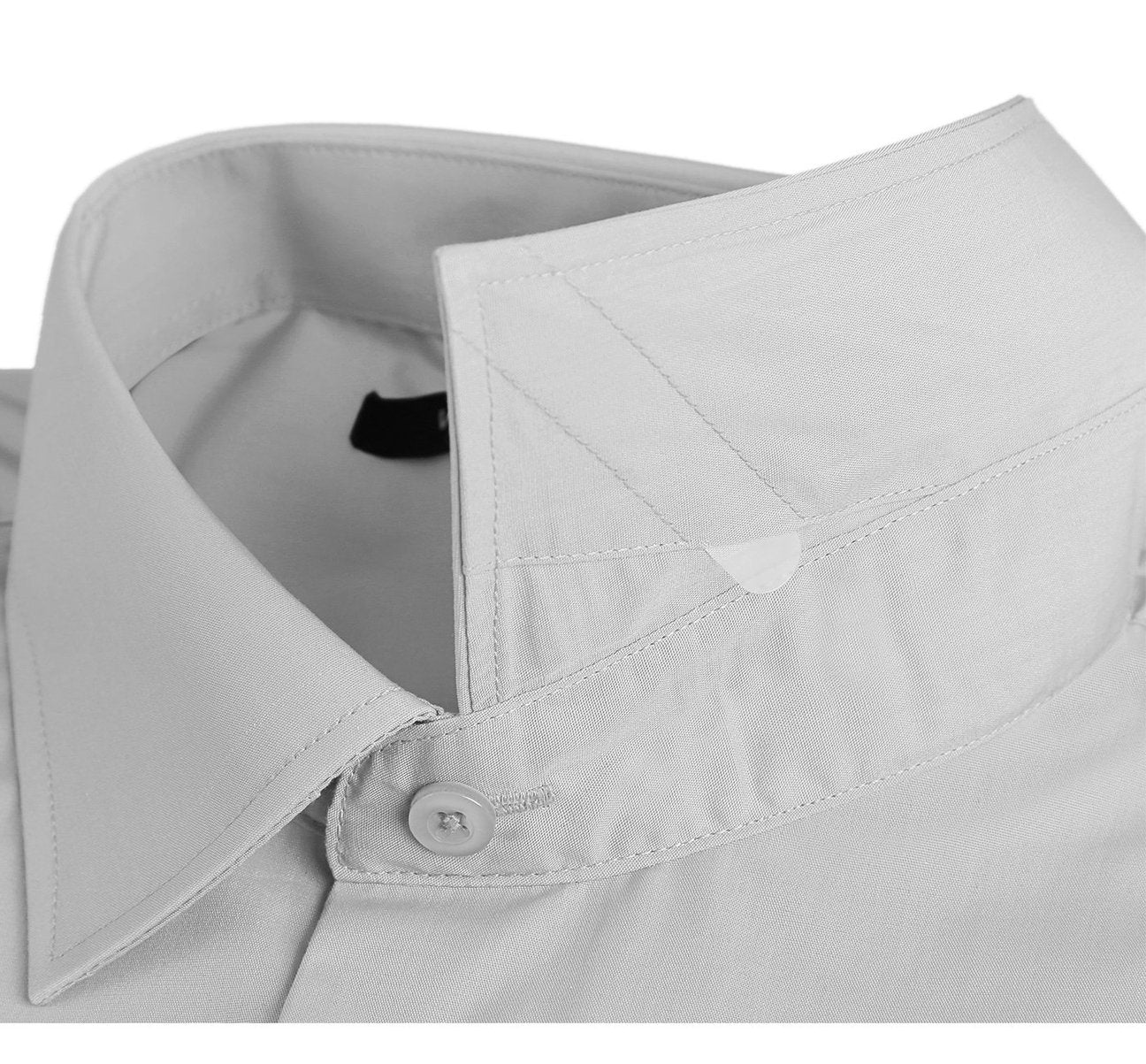 A neatly folded light gray men's dress shirt from Renoir, featuring a close-up of the fabric texture and highlighting its classic fit and refined spread collar. This is the VERNO Grey Classic/Regular Fit Long Sleeve Spread Collar Dress Shirt TC629.