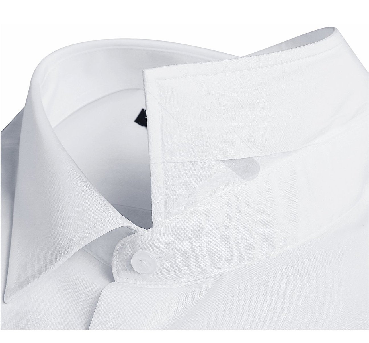 Folded dress shirt in white showcasing a regular classic fit complemented by long sleeves and a refined spread collar. A circular inset fabric detail enhances its elegance. The label states "Renoir.